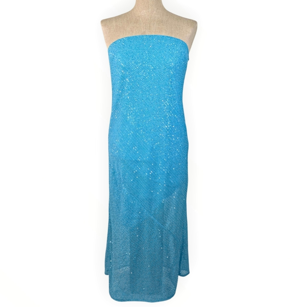 ASOS DESIGN Dress Strapless Sequin Mesh Midi Tube Aqueous Blue Size US 6